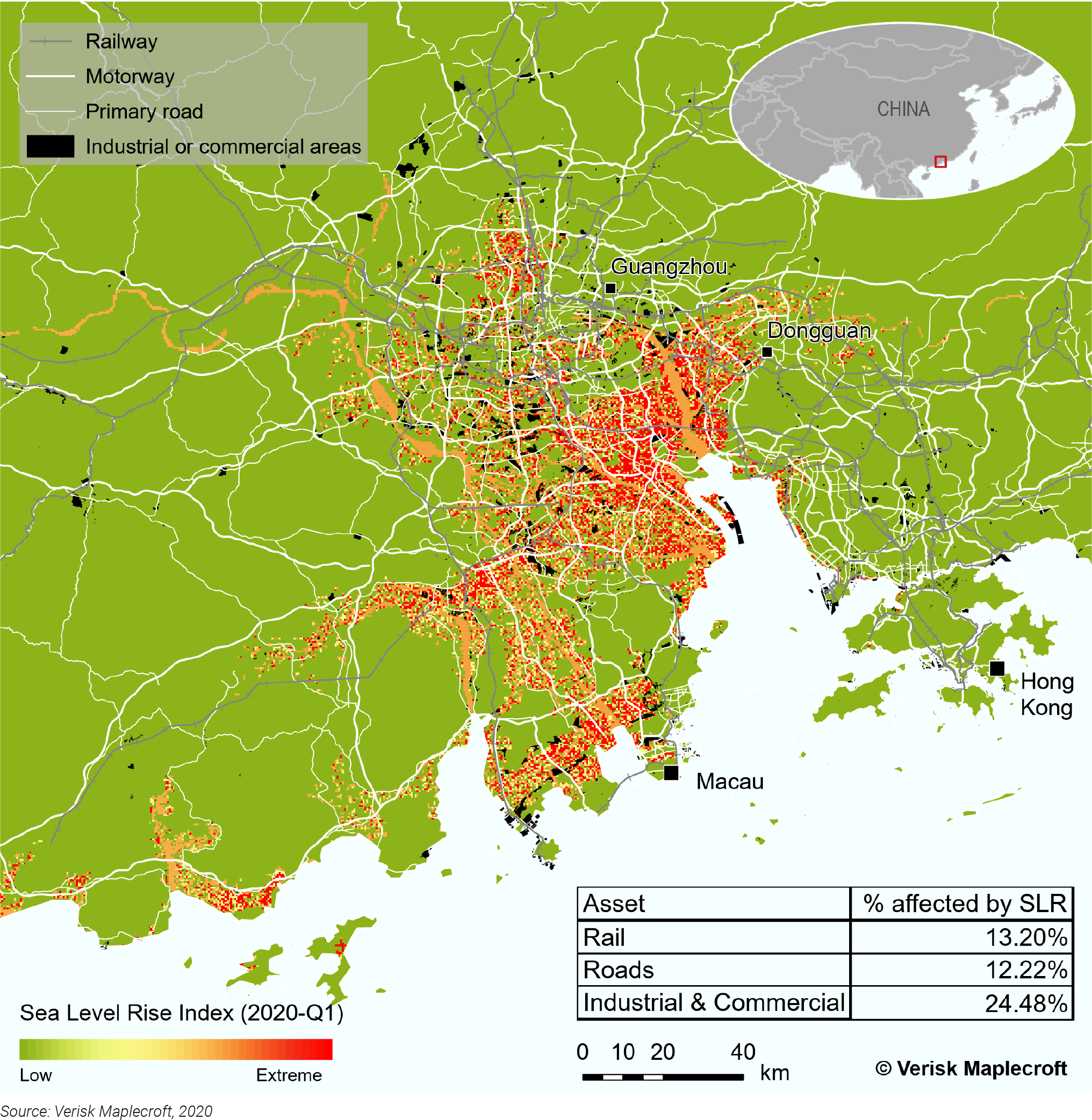 Map 1: Pearl River delta cities face the highest risks from sea level rise of any urban centres