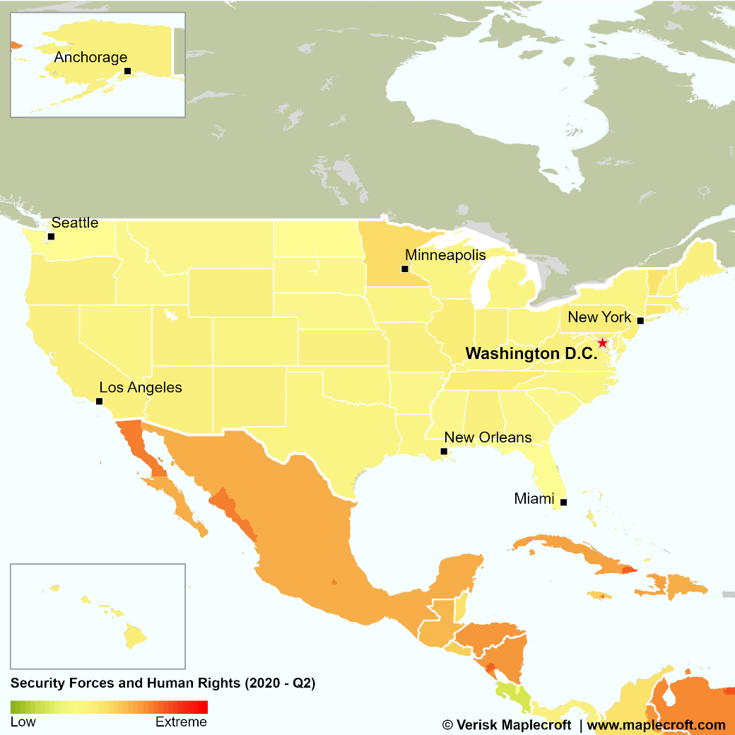 Minnesota is the highest risk US state for human rights violations by security forces in 2020-Q2