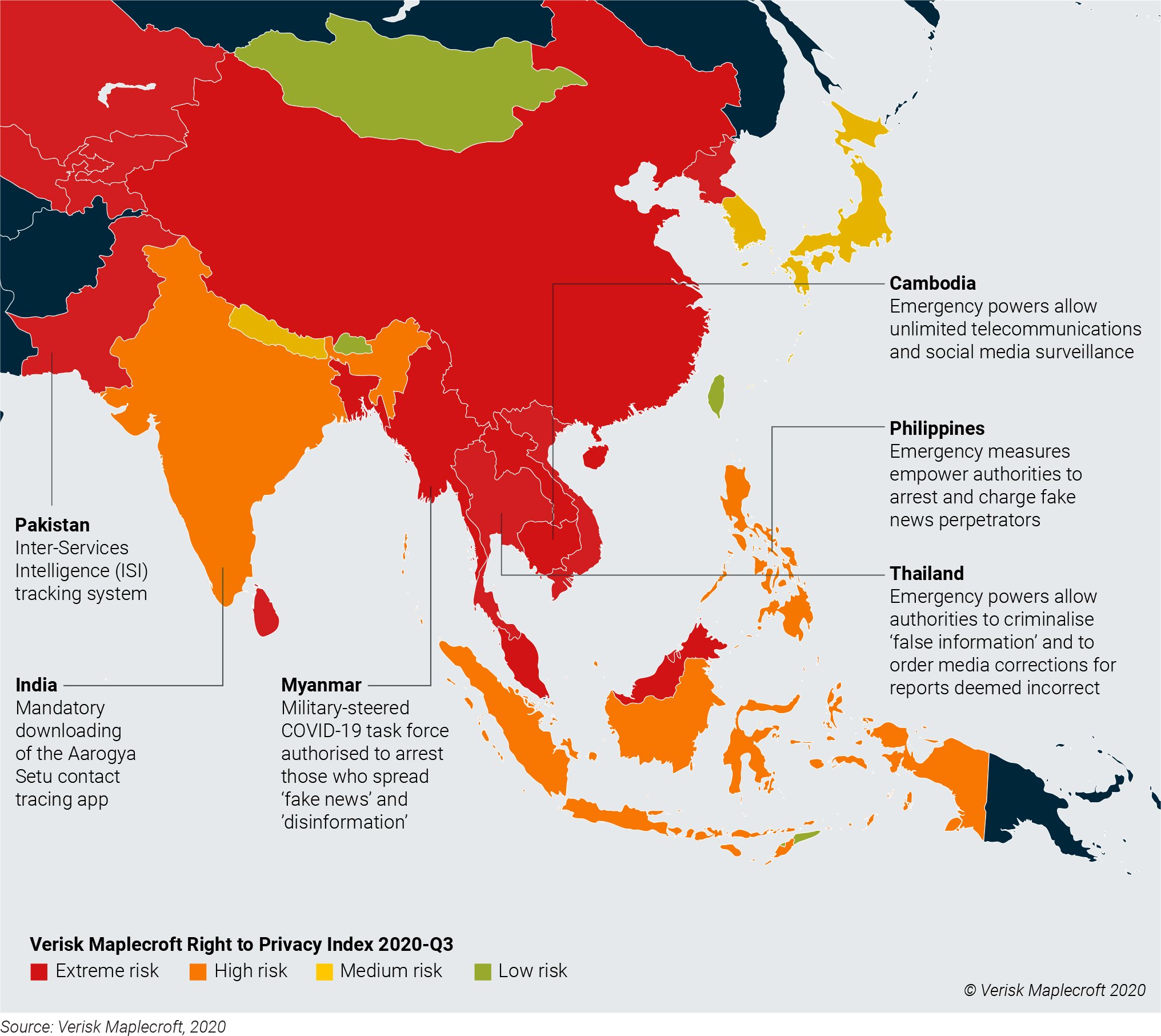 Map 1: New surveillance powers accelerate trend of declining civil and political rights in Asia