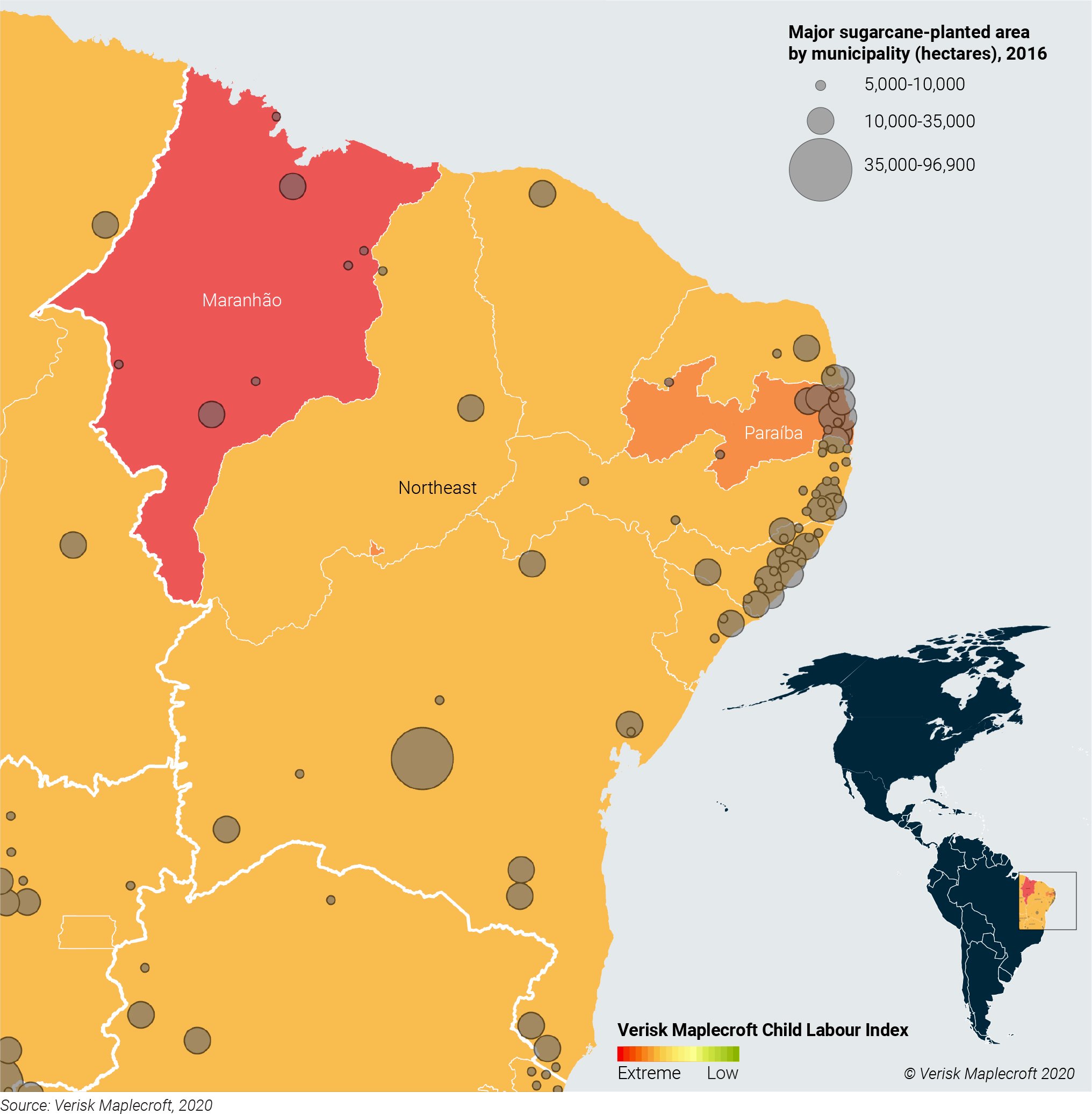Map 1: Subnational Child Labour Index identifies extreme risks in some of Brazil’s sugarcane-producing states