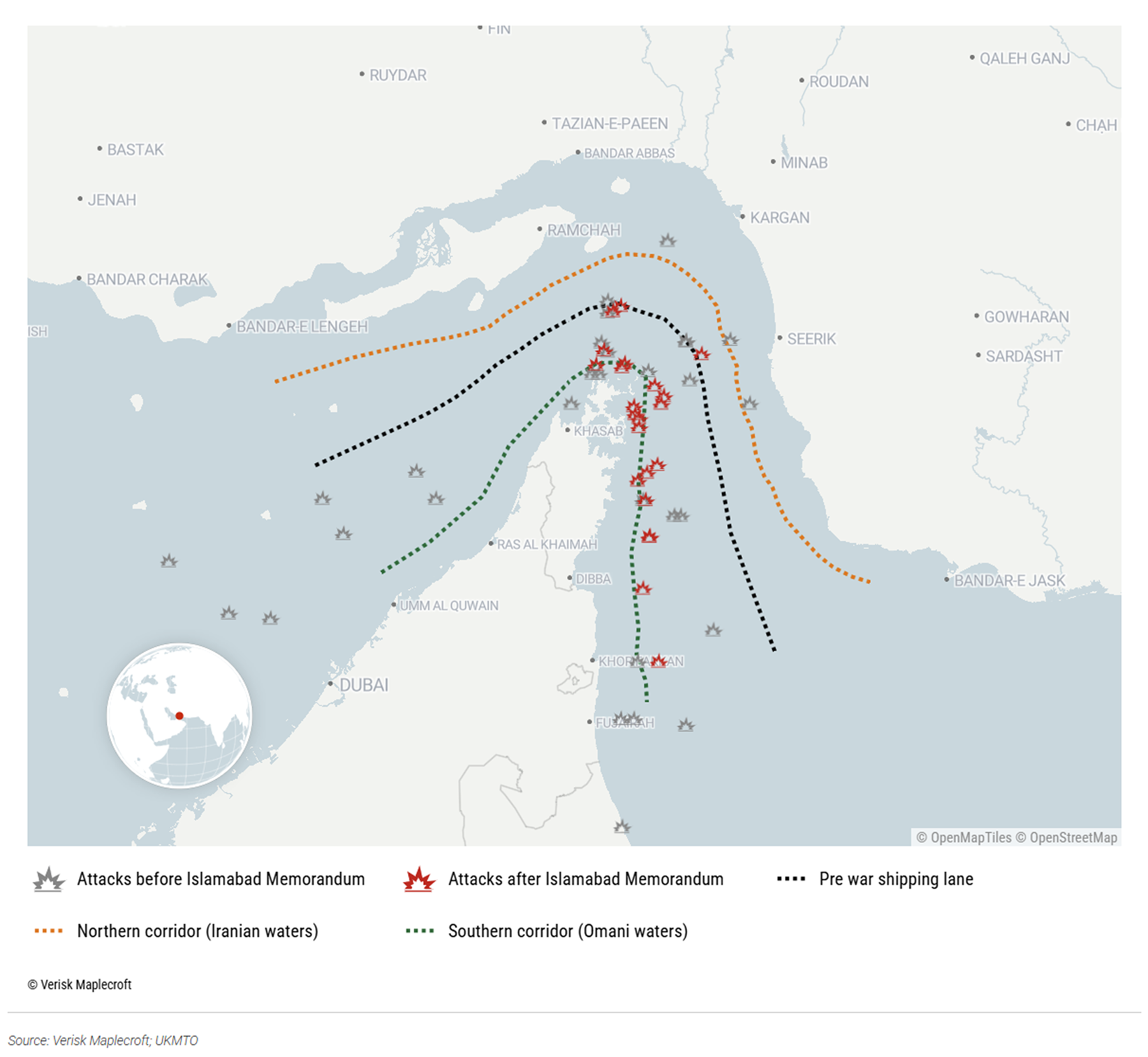 Figure 2: Iran is targeting commercial vessels attempting to use the southern corridor through the Strait of Hormuz 