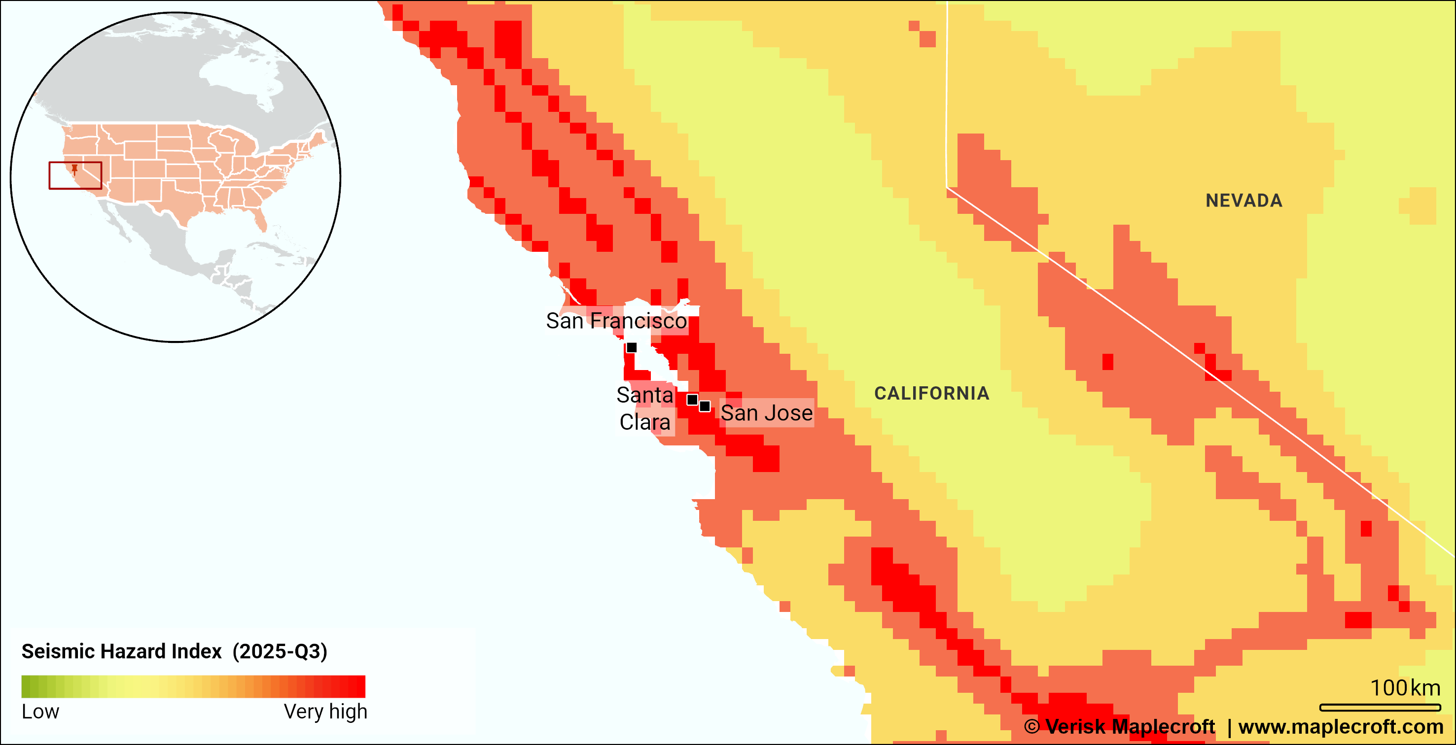 Figure 3: Exposure of key data centre hubs to seismic hazard in California 