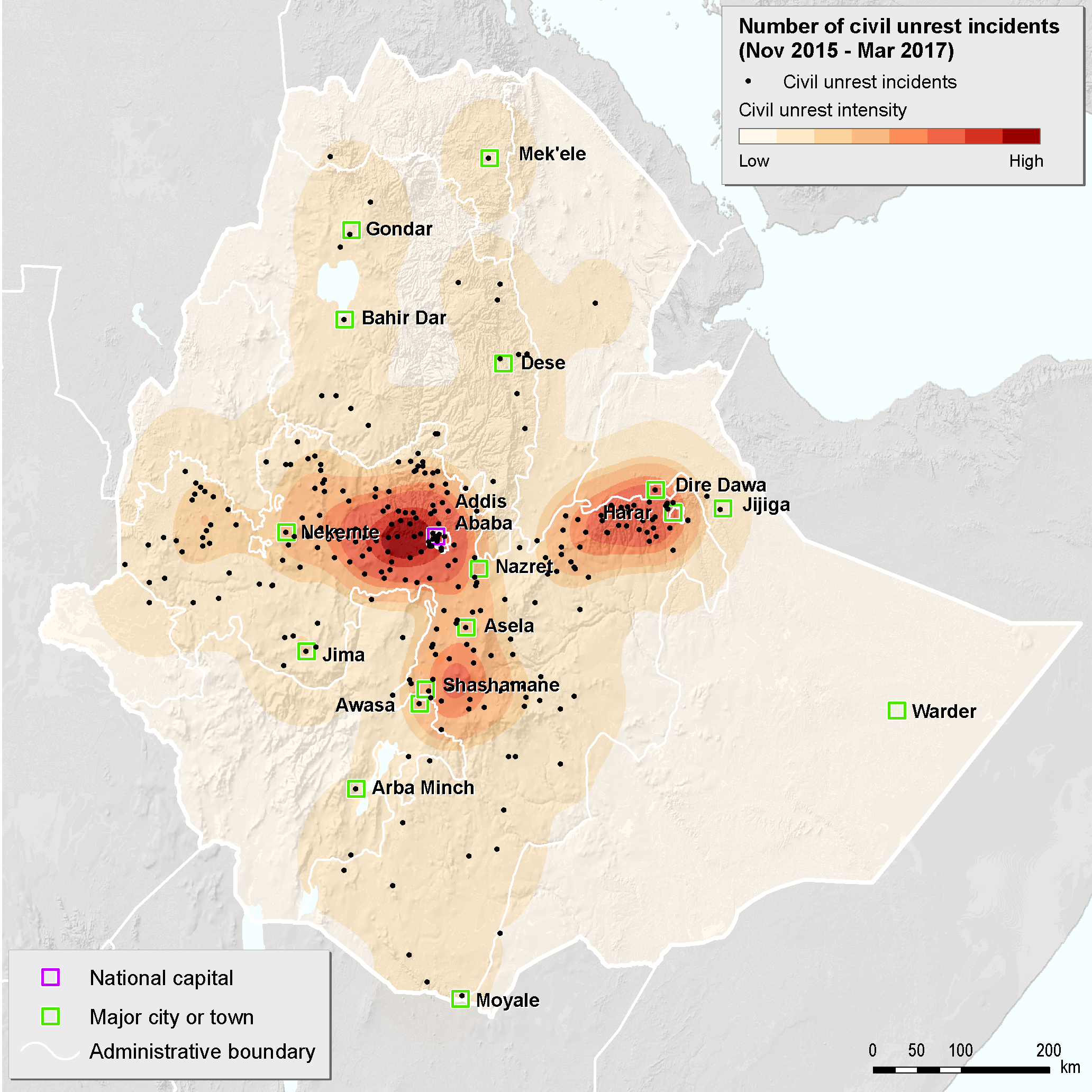 Map: Ethiopian civil unrest (2015-2017)