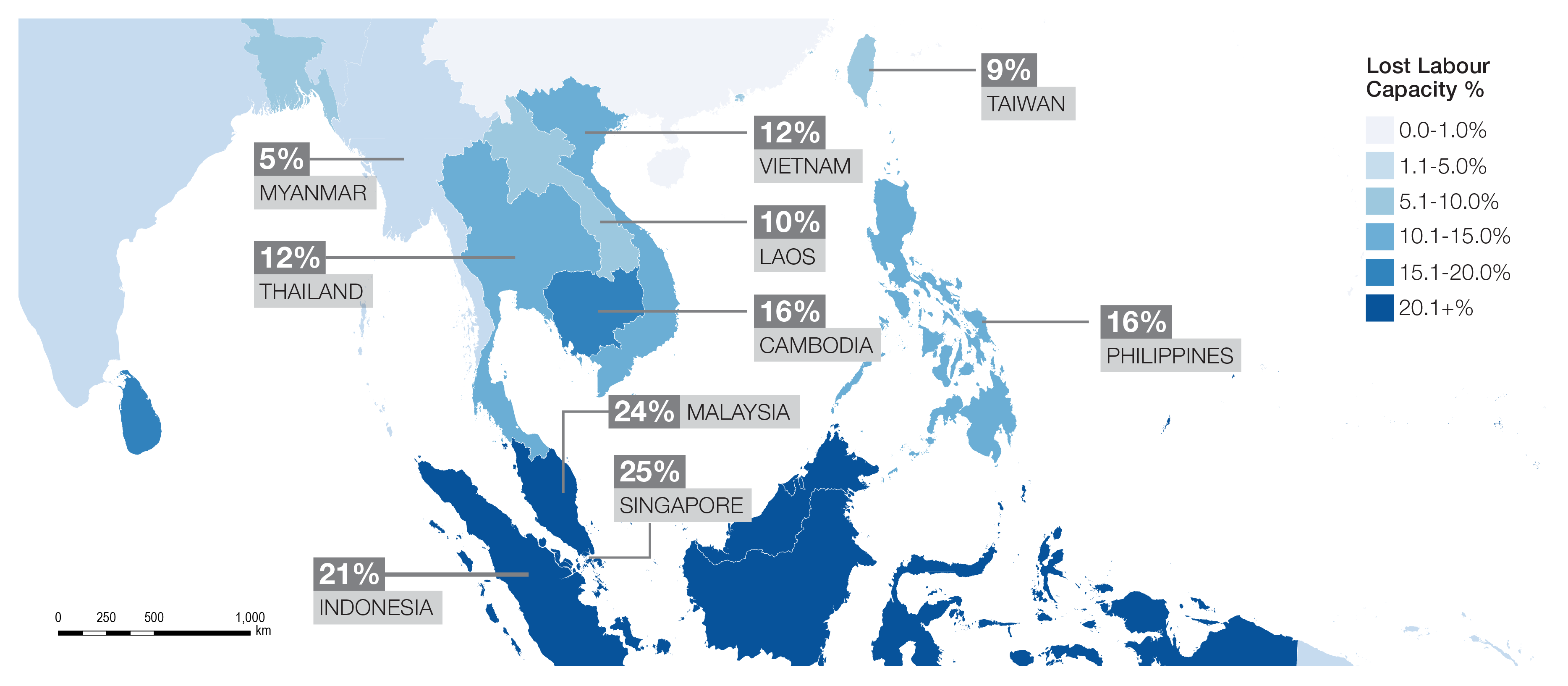 Projected labour capacity reduction in South East Asia by 2045 due to rising heat stress