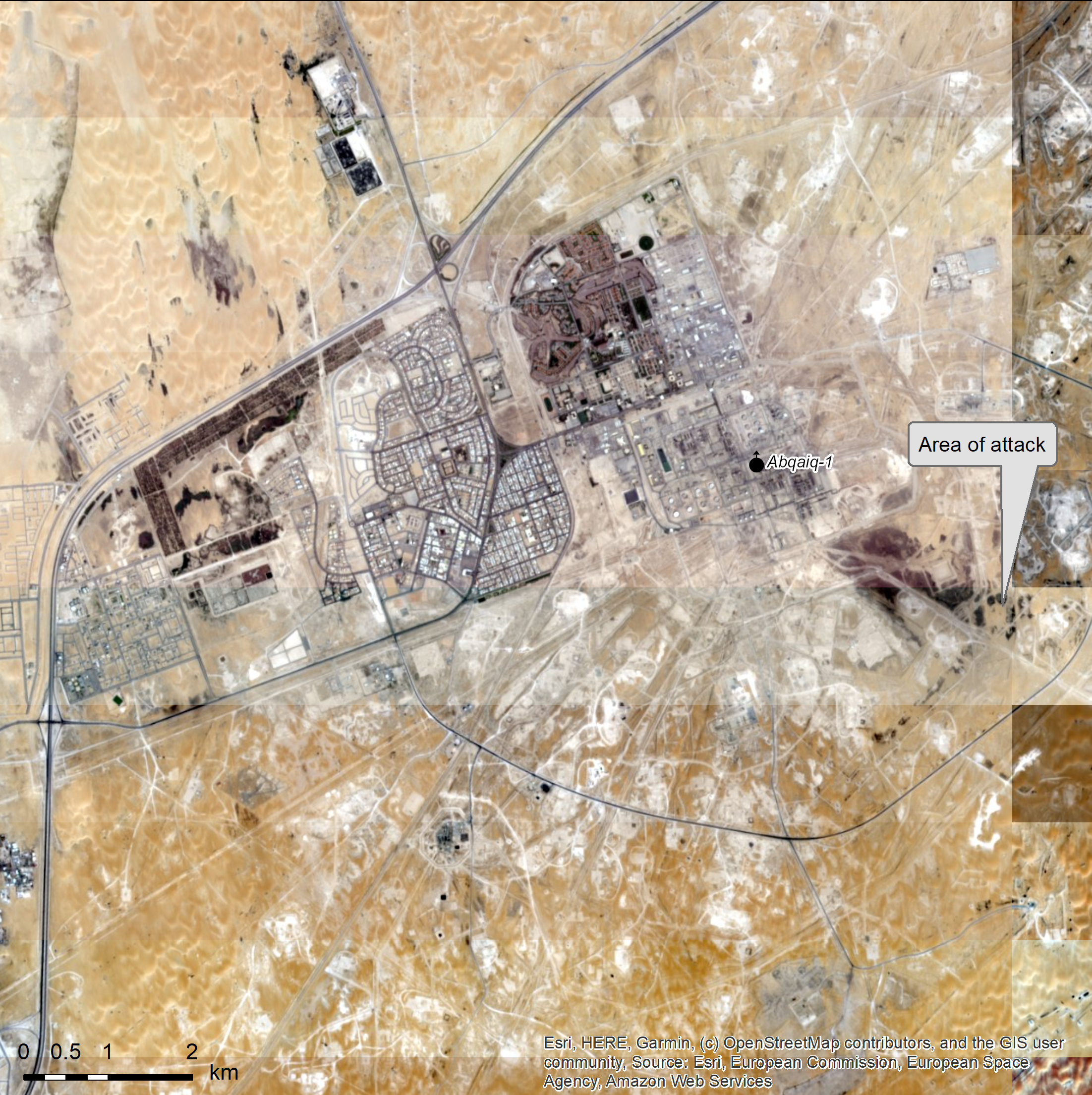 Satellite imagery shows damage to structures in the southeastern part of Abqaiq facility