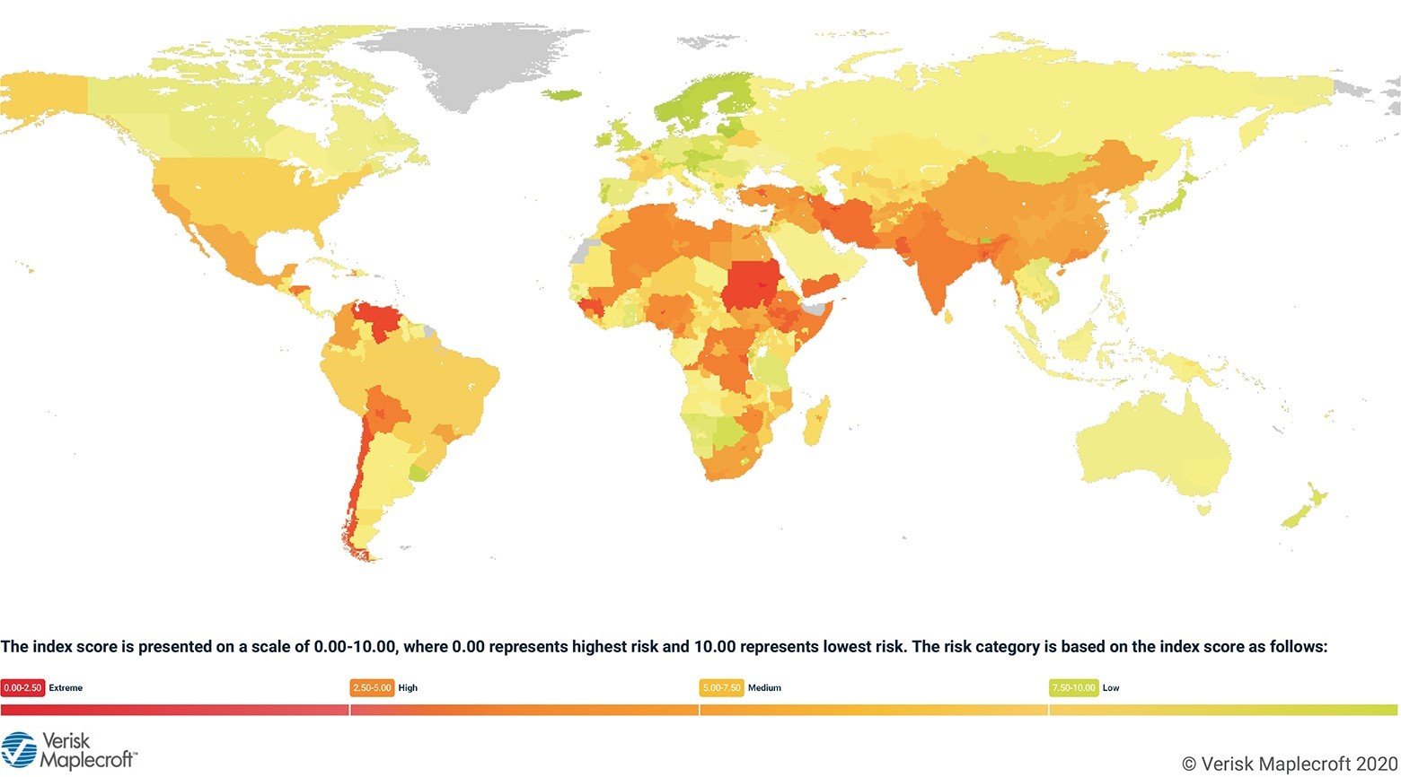 Map 1: Our Civil Unrest Index quantifies the risk of unrest across 198 countries across the globe