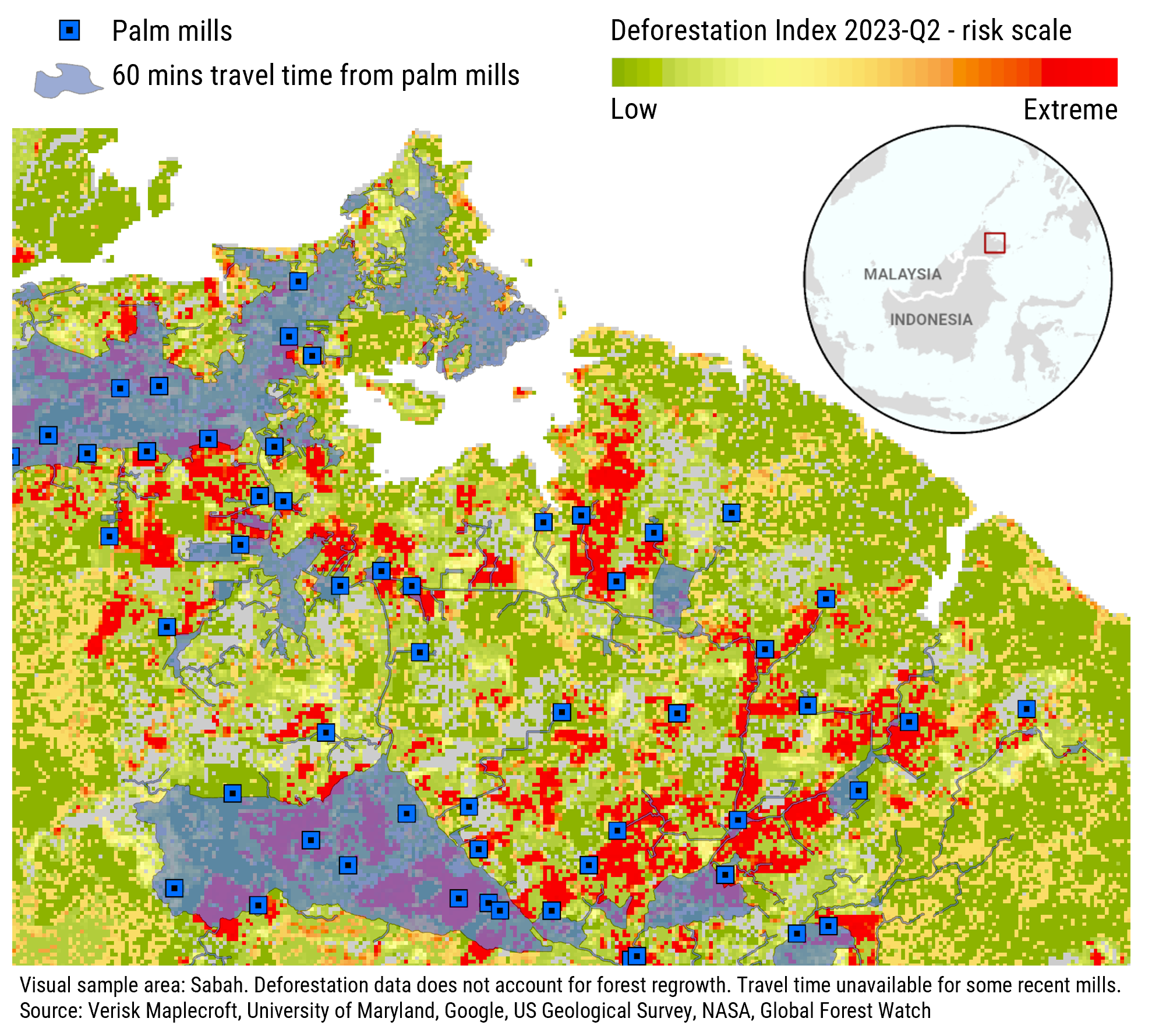 Map of deforestation rate in Palm Mills