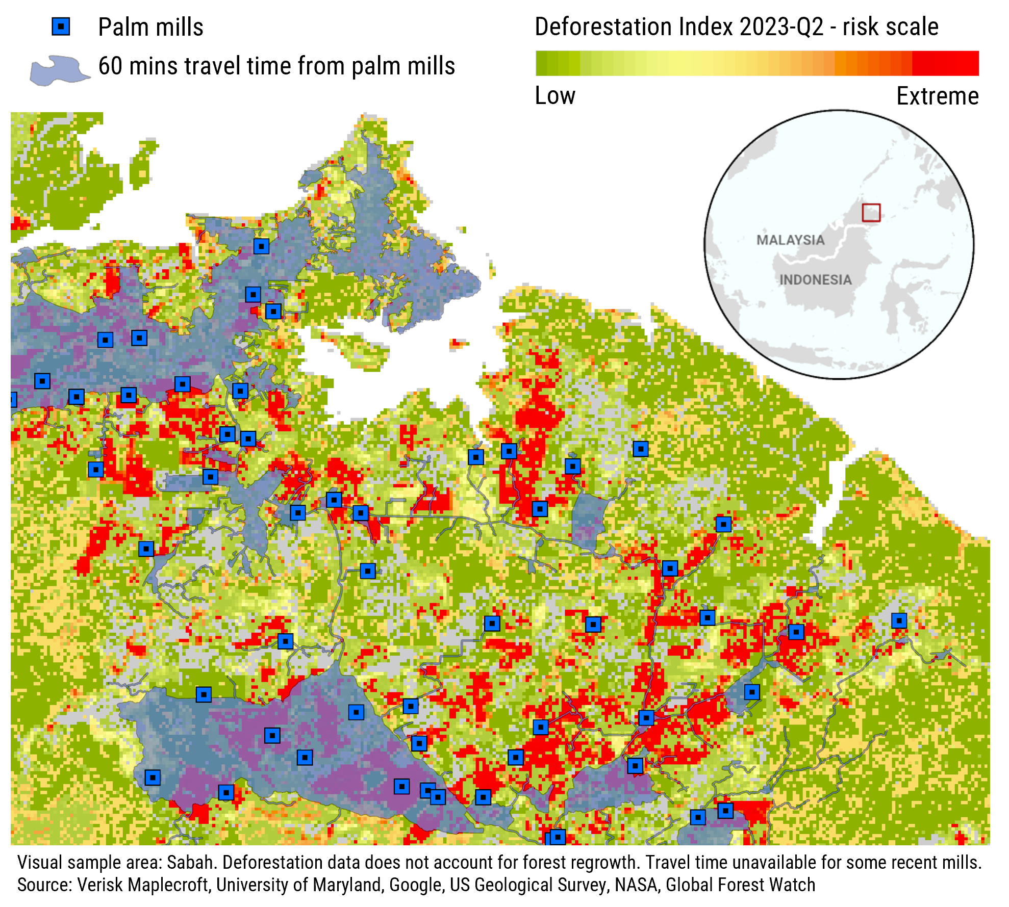 Map of deforestation rate in Palm Mills