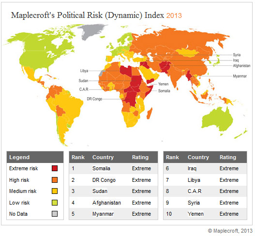 Politital Risk Dynamic Index_map_2013_Maplecroft’s Political Risk Atlas 2013 forecasts global risk hotspots